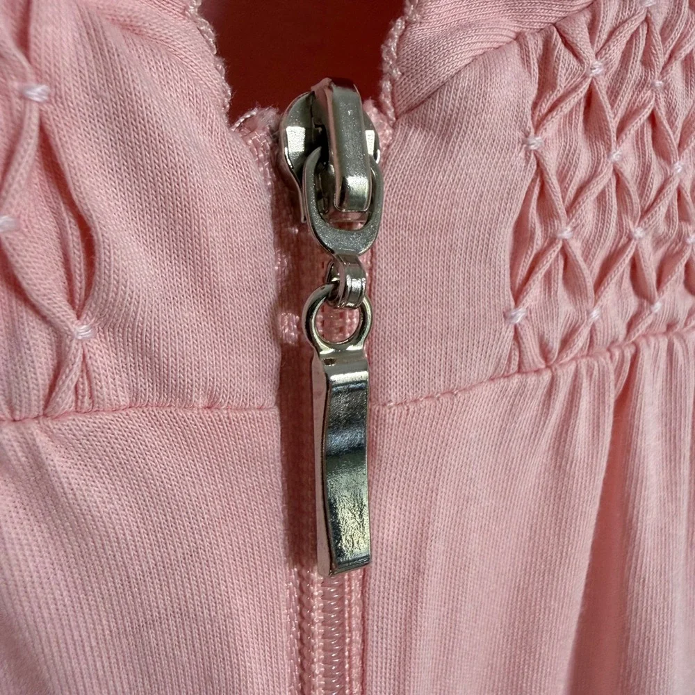 Cuddledown 100% Pima Cotton Smocked Zip Front Long Robe Housecoat Large Pockets